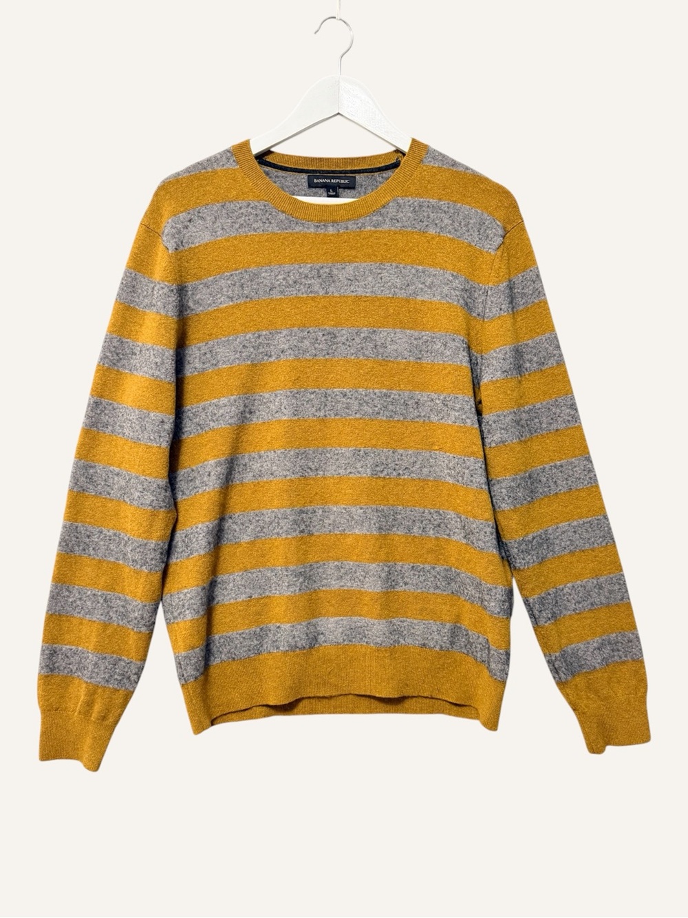 Banana Republic Mens Bold Stripe Pullover Sweater Size L Yellow Gray Merino Wool